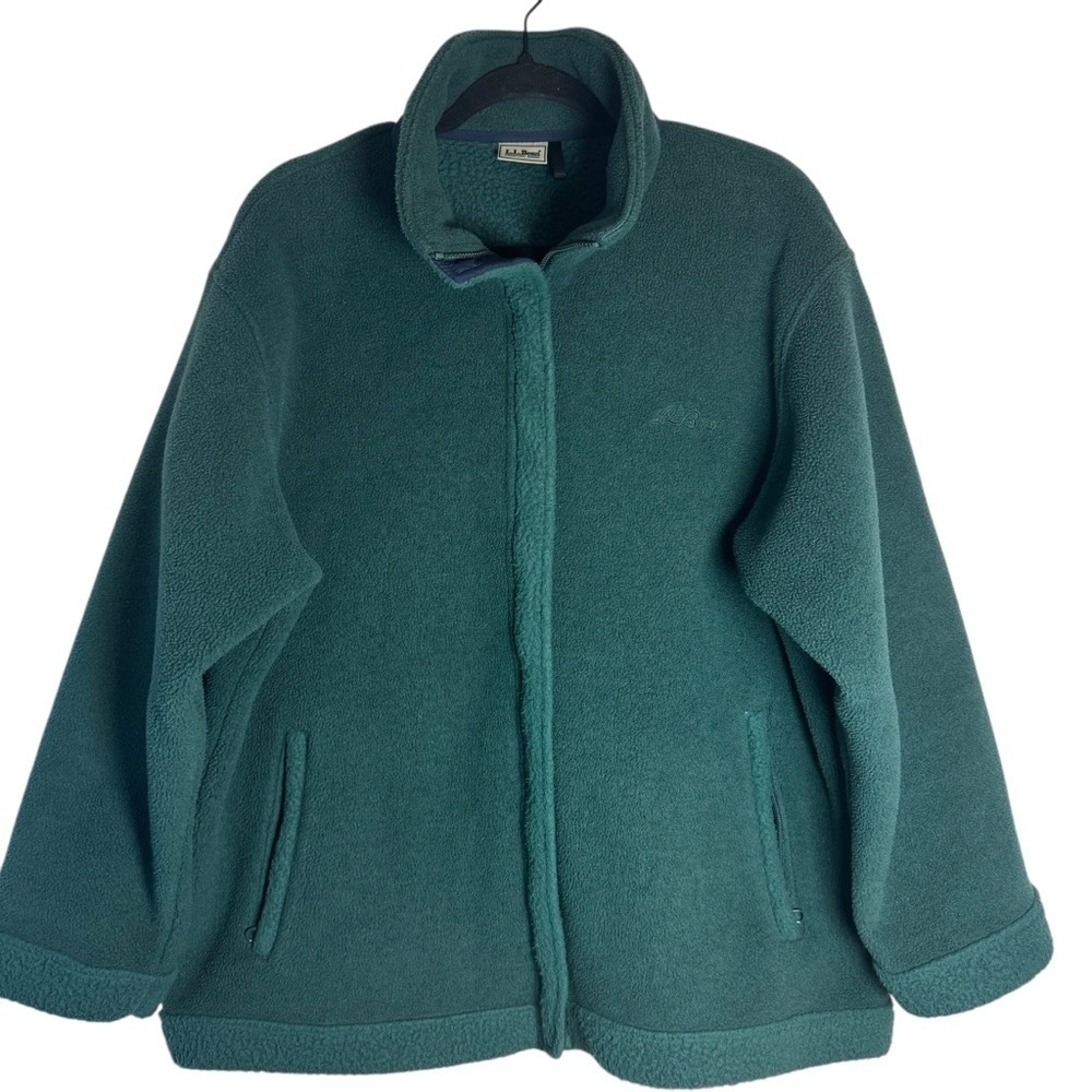 LL Bean Men’s Full Zip Fleece Hunter Green with Navy Elbow Patches XLarge Jacket